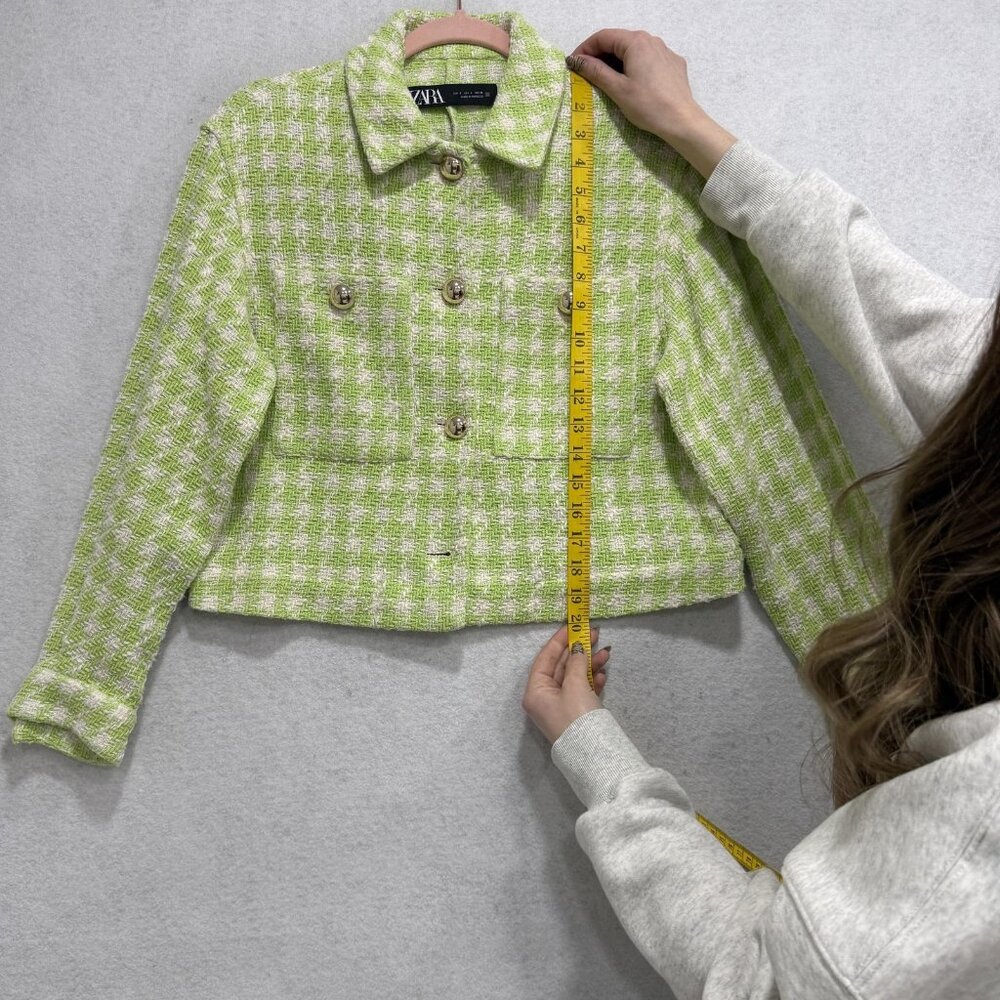 ZARA Jacket Womens Small Green Check Tweed Cropped Button Front Pockets Collared - Picture 4 of 8